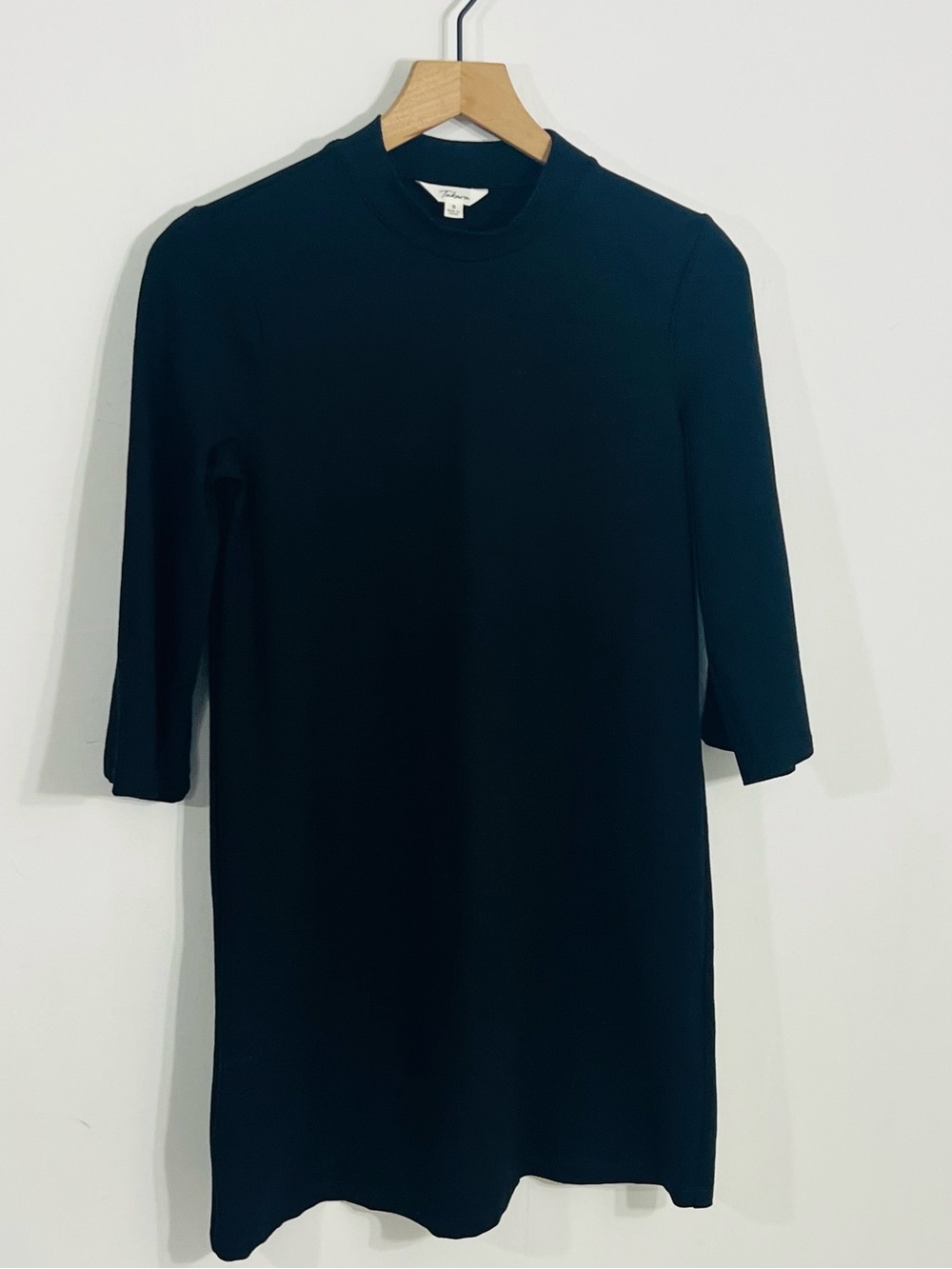 Takara Small Black 3/4 Sleeve Fitted Dress With Stretch Minimalist Mock Neck